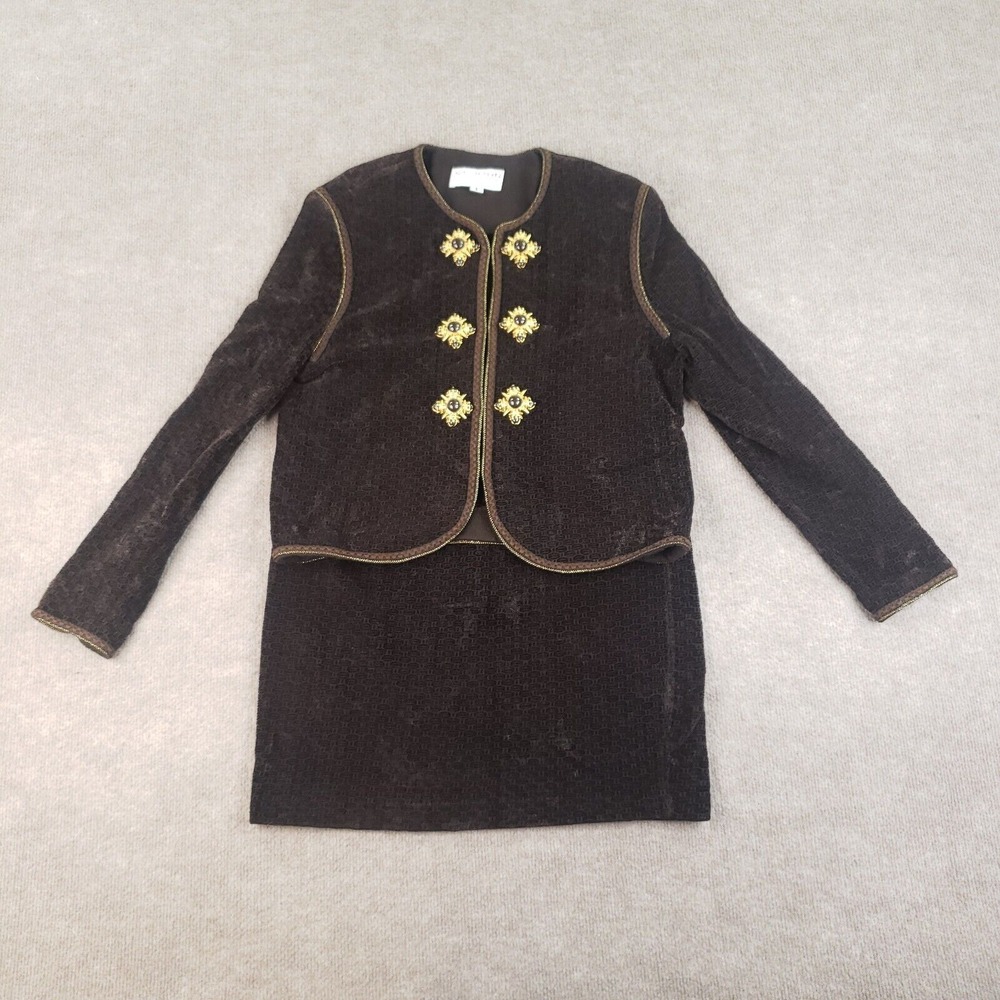 St. John Collection Skirt Jacket Set Women 12‎ Brown Gold Button Luxury 2 Piece